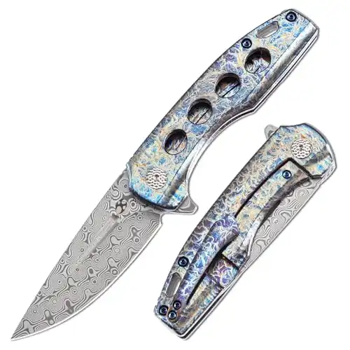 Kansept Cassowary 2.9'' Damascus Blade Folding Knife with Titanium with Lightning Strike Finish Handle