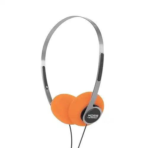 Koss x Retrospekt P/21 Retro On-Ear Headphones, Retro Orange Foam, Adjustable Headband, Wired 3.5mm Plug, Orange Black and Silver