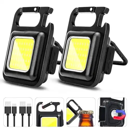 MAKDAK Cob Keychain Work Light Rechargeable EDC Keychain Flashlight Emergency Light with Folding Bracket Bottle Opener for Fishing,Camping and Walking 2Pack